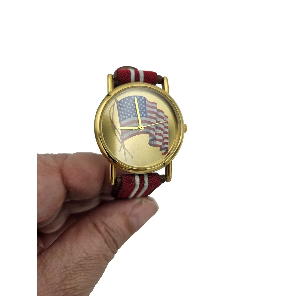 Valdawn USA Flag Watch Patriotic Americana Quartz Gold Tone Wristwatch